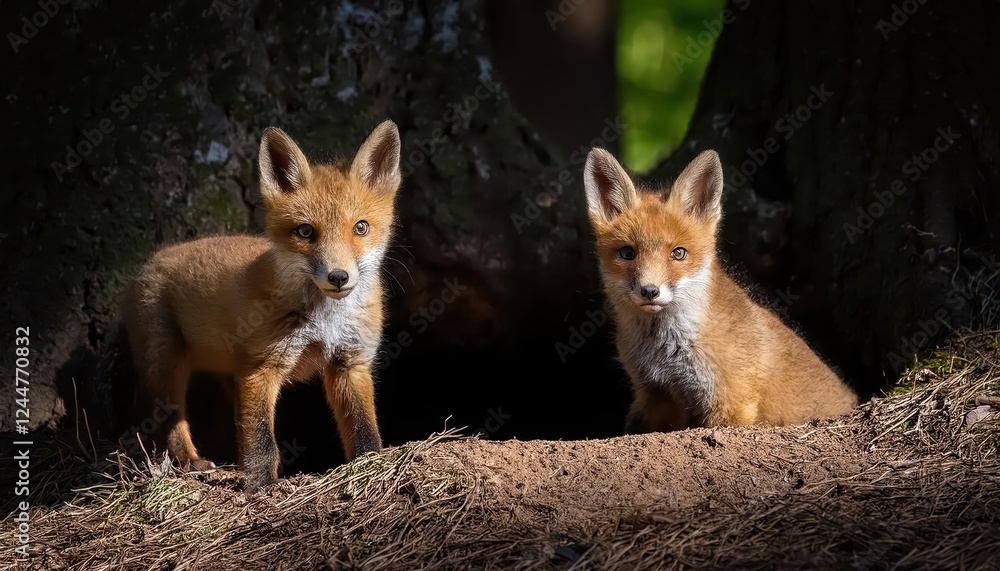 Fototapeta premium Enchanting Forest Encounter A Pair of Small Red Foxes Venture into the Dark Woodland under a Starlit European Nightscape at