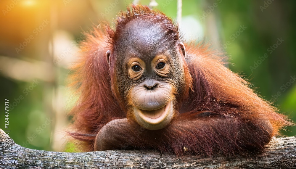 Enchanting Smiling Young Orangutan Perched on Tree Branch Amidst a Lush Tropical Forest, Exuding Joy and Playfulness in the Heart of Borneos Emerald Wilderness Enchanting Smiling Young Orangutan Perched on Tree Branch Amidst a Lush Tropical Forest, Exuding Joy and Playfulness in the Heart of Borneos Emerald Wilderness