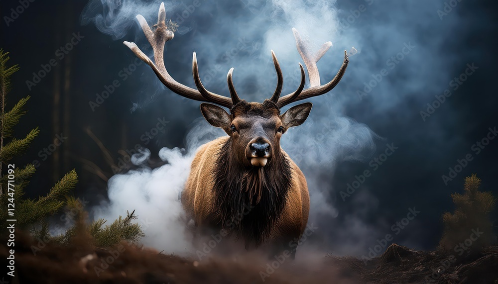 Fototapeta premium Striking Smoking Elk in Snowy Forest Landscape, Majestic Mammal Puffing Steam Against Frosty Backdrop, Showcasing Winter Wilderness Scene.