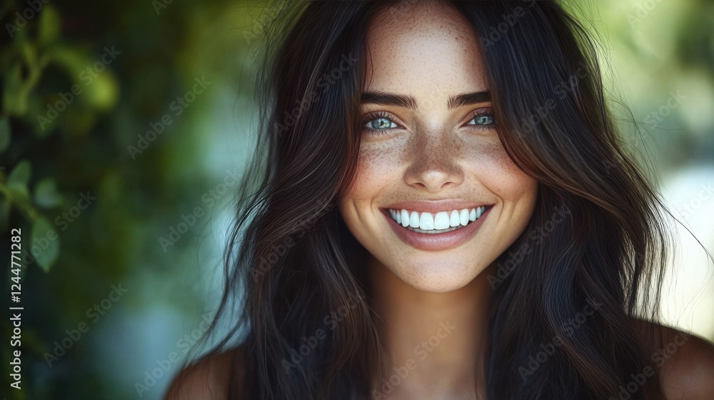 A woman with long hair is smiling and looking at the camera A woman with long hair is smiling and looking at the camera