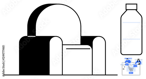 Armchair in simple black and white design with a water bottle and online shopping cart icons. Ideal for home decor, minimalism, online shopping, hydration awareness, e-commerce, lifestyle, modern