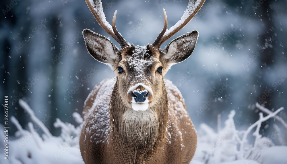 Stirring Snowstorm Envelops a Graceful Deer Amidst a Winter Wonderland, Frozen Trees and a Serene Landscape at Dusk Stirring Snowstorm Envelops a Graceful Deer Amidst a Winter Wonderland, Frozen Trees and a Serene Landscape at Dusk