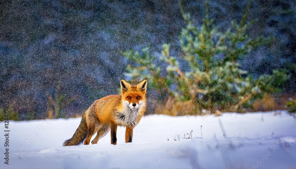 Fototapeta premium Stirring Snowstorm on a Winter Meadow Sheltered by Forest, Captivating Fox Amidst Swirling White Blizzard at Dusk