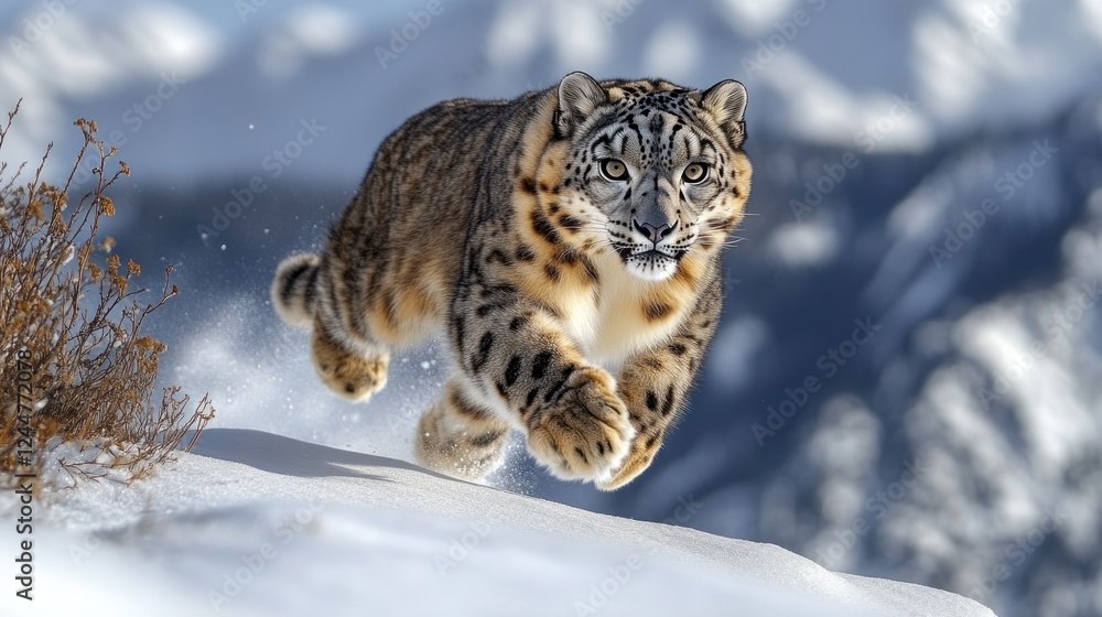 Fototapeta premium Snow Leopard Running, Mountain, Winter, Wildlife, Action