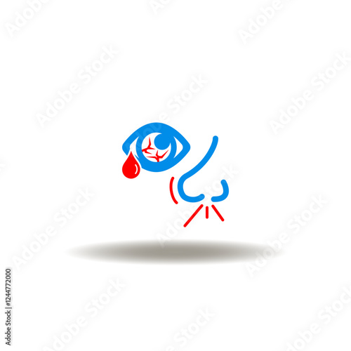 Vector illustration of eye with tear, lacrimation, inflammation, redness and runny nose. Icon of allergy symtoms. Symbol of pollinosis, hay fever.