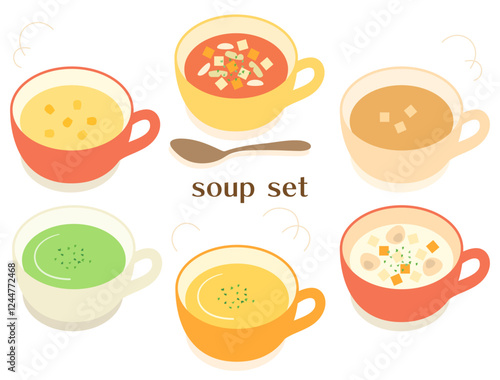 コーンスープやミネストローネなどのスープのイラストのセット