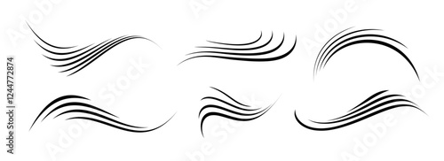 Wind motion line set. Flowing waves collection. Blowing hurricane, breeze or storm lines concept. Black swirls, curves and spirals bundle. Air movement and gust symbol pack. Vector
