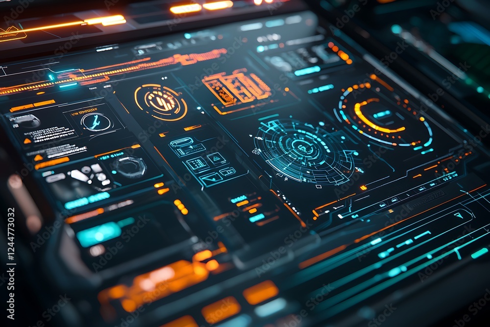 Obraz premium Futuristic technology interface with an abstract tech-inspired background, ideal for innovation themes