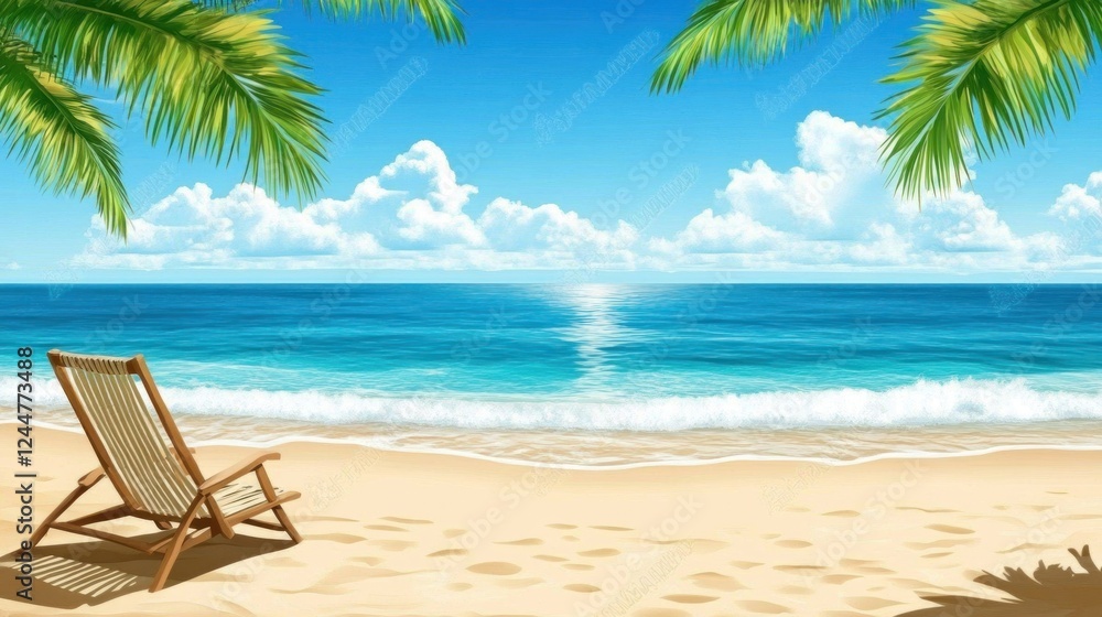 Tranquil Beach Scene With Chair Under Palm Trees Tranquil Beach Scene With Chair Under Palm Trees