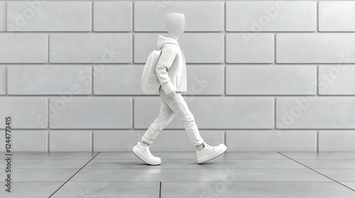 Fototapeta Naklejka Na Ścianę i Meble -  White figure walking past brick wall, city background, lifestyle illustration