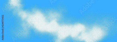 Halftone cloud background. White dotted clouds in blue sky. Comic pop art heaven wallpaper for banner, collage, poster, leaflet, brochure. Rasterized smoke, smog or fog texture. Vector illustration