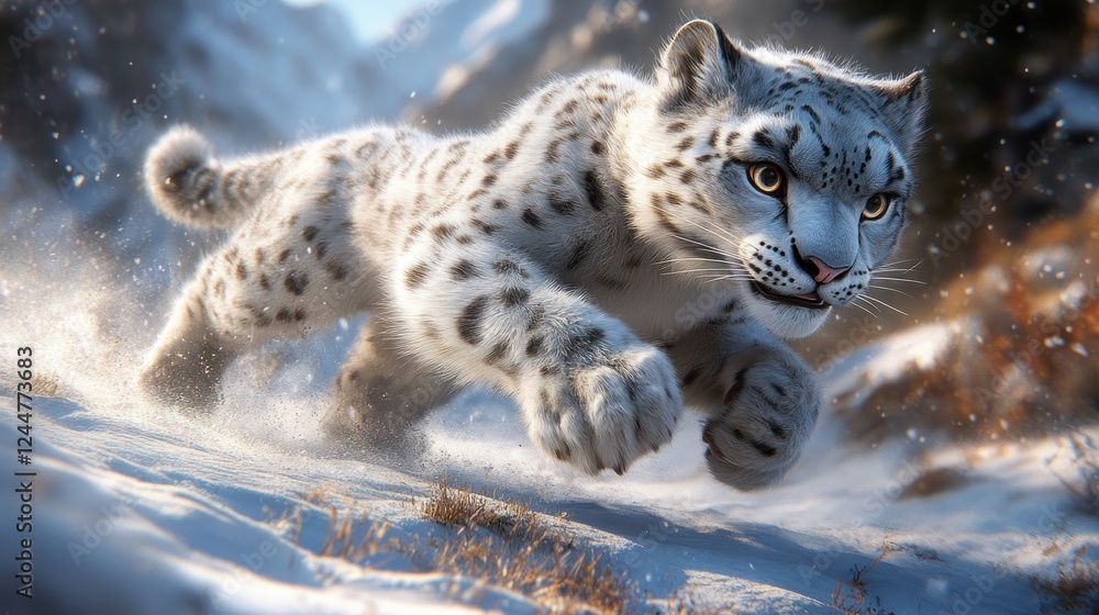 Fototapeta premium Snow leopard sprinting, snowy mountains, winter wildlife