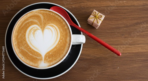 Heart formation in a cappuccino foam, a red stirring spoon, a miniature gift box photo