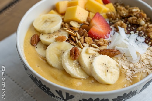 banana smoothie with full of topping in the bowl