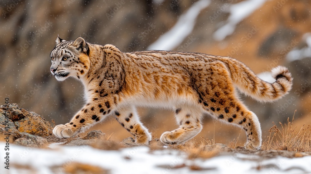 Fototapeta premium Snow leopard walking snowy mountain, wildlife