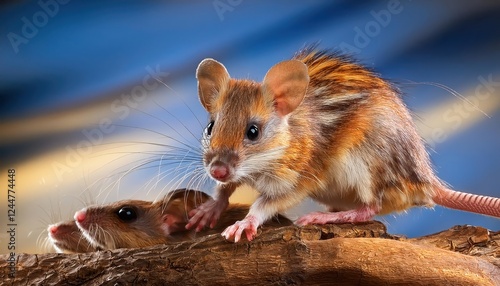 Striking Closeup of Spiny Mouse Acomys dimidiatus amidst the Desert Landscape, showcasing its Vibrant Fur and Intricate Patterns, with a Warm Sand Dune Backdrop. photo