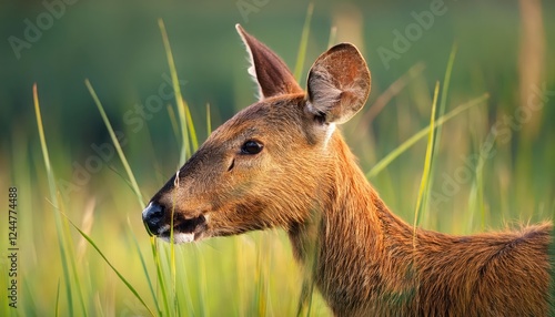 Enigmatic Marsh Deer Camouflaged amidst Tawny Brown Marshes Blastocerus Dichotomus in a Wondrous Landscape at Dawn photo