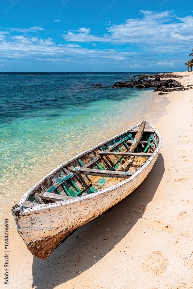 A weathered boat rests on a sandy beach beside clear blue water under a bright sky. A weathered boat rests on a sandy beach beside clear blue water under a bright sky.