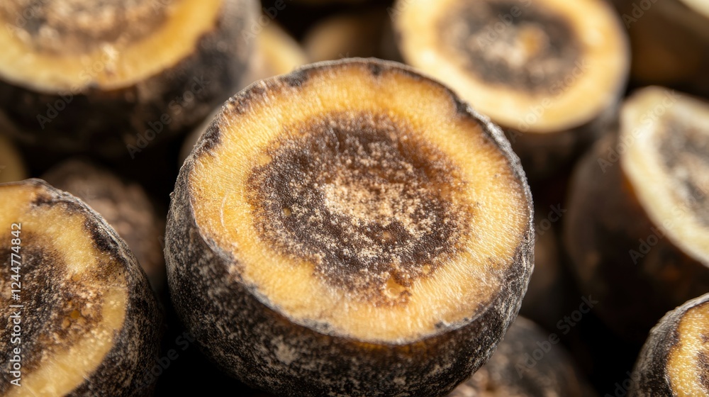 Black Potatoes, Close Up: A detailed macro shot showcases the dark, earthy tones and unique cross-section of black potatoes, highlighting their rich. Black Potatoes, Close Up: A detailed macro shot showcases the dark, earthy tones and unique cross-section of black potatoes, highlighting their rich.