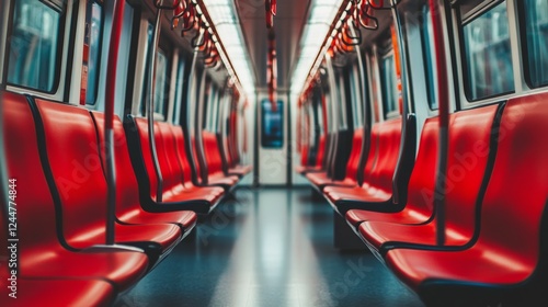 Bright red seats line a modern subway train interior during early morning commute hours