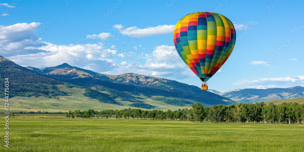 Obraz premium Multicolored hot air balloon takes off into the sky against a picturesque mountain scenery, entertainment, balloon flight, romantic date