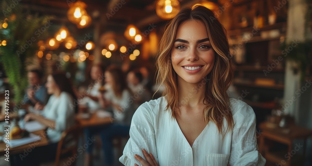 A woman is smiling and posing for a picture in a restaurant A woman is smiling and posing for a picture in a restaurant