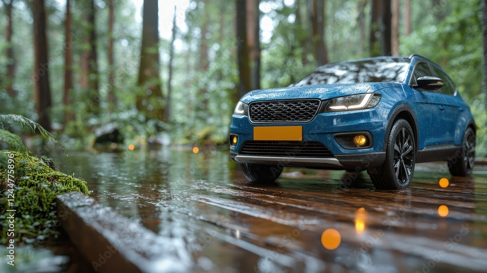 Blue SUV driving on a wooden path through a lush rain forest. Blue SUV driving on a wooden path through a lush rain forest.