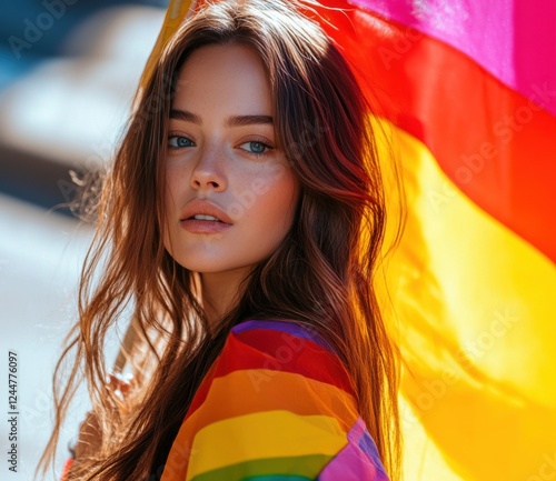 A woman with long brown hair stands in front of a rainbow flag photo