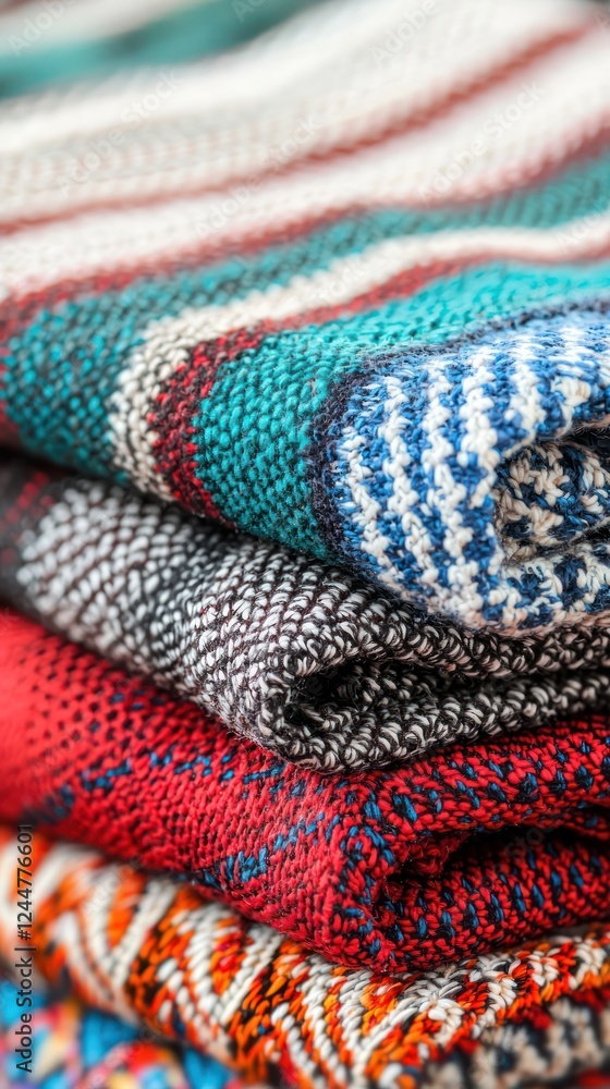 Fototapeta premium A stack of colorful woven textiles, showcasing intricate patterns and textures.