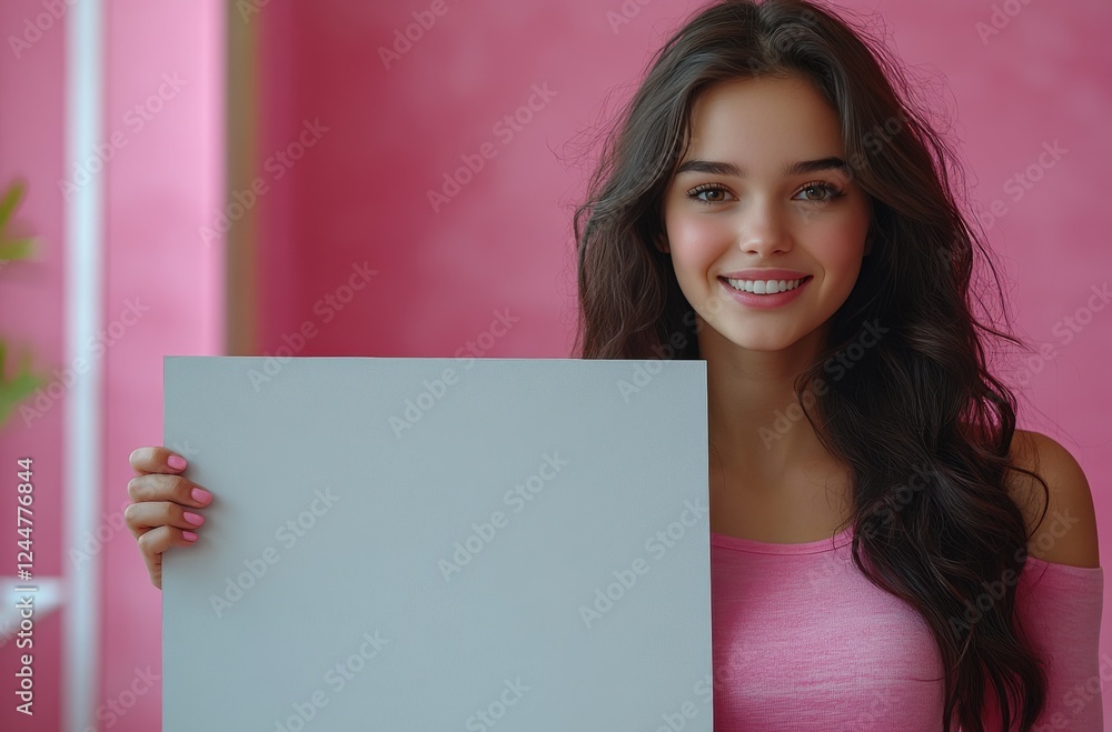 A woman is holding a blank white sign and smiling A woman is holding a blank white sign and smiling