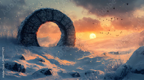 A detailed ancient stone circle covered in cryptic runes, half-buried in snow, faint magical energy humming in the air as the sun sets in the distance. Forgotten Languages & Glyphs. Illustration photo