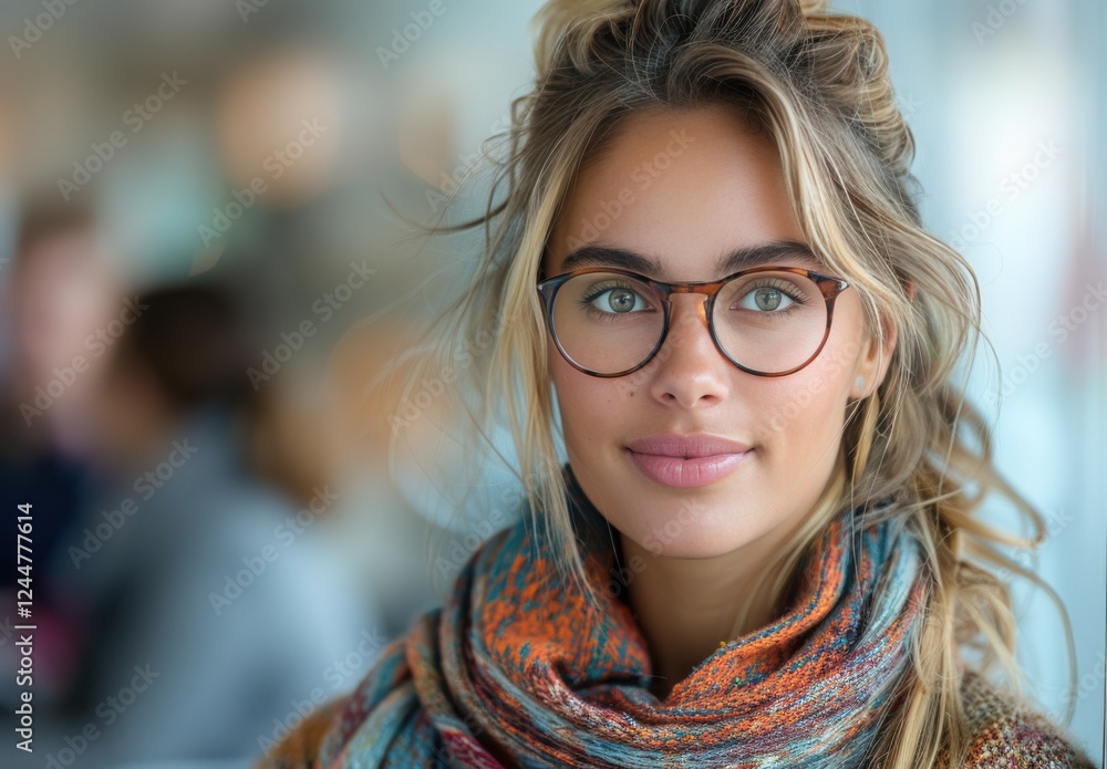 A woman with glasses and a scarf is smiling for the camera A woman with glasses and a scarf is smiling for the camera
