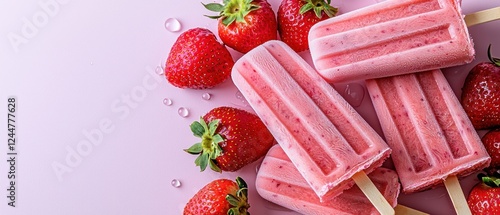 A vibrant display of strawberry popsicles surrounded by fresh strawberries on a pink background.