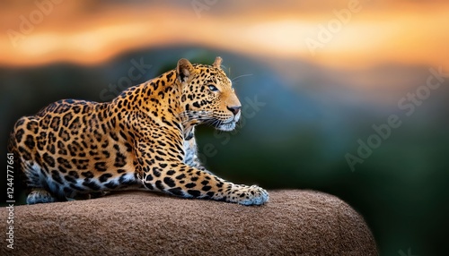 Striking Sri Lankan Leopard in Misty Forest, Displaying Majesty and Grace amidst the Vibrant Green Tropical Wilderness at Dawn photo