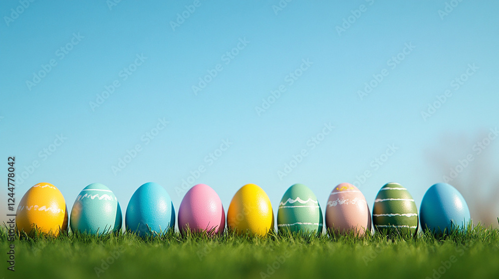 Easter-themed still life with colorful pastel eggs arranged in fresh green grass, symbolizing renewal and the festive spirit of springtime Easter-themed still life with colorful pastel eggs arranged in fresh green grass, symbolizing renewal and the festive spirit of springtime