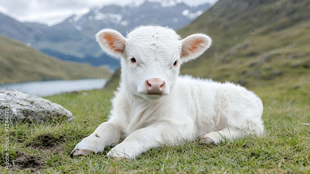 Fototapeta premium White calf resting near mountain lake