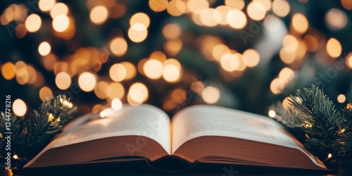Beautiful open book surrounded by festive lights and greenery in cozy setting during winter season