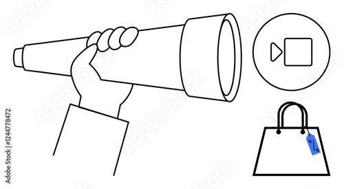 Hand holding a telescope, symbolizing exploration and future vision. Nearby, a shopping bag with a price tag and a play button icon indicate e-commerce, video content. Ideal for discovery, foresight