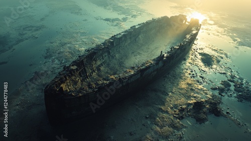 Noahs Ark rests on Mount Ararat as dawn breaks illuminating world recovering from flood. Noah stands bow animals stir and land emerges from waters.