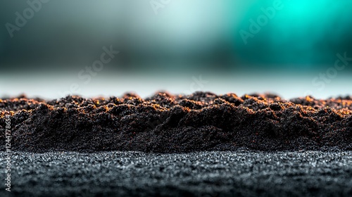 Close-up of textured soil with subtle lighting, showcasing earth layers in a serene background photo