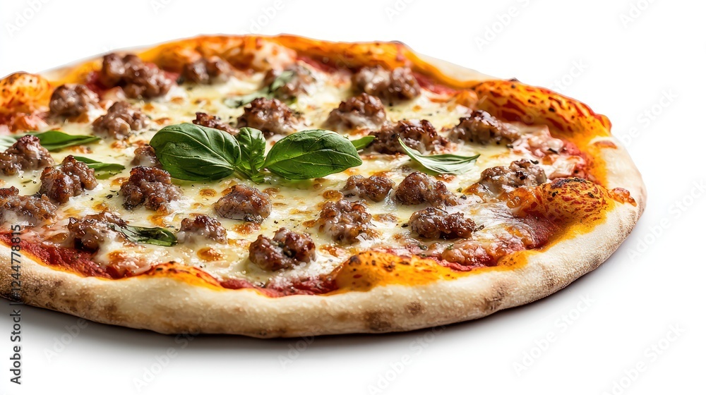 A delicious pizza topped with sausage and fresh basil, ready to be enjoyed. A delicious pizza topped with sausage and fresh basil, ready to be enjoyed.