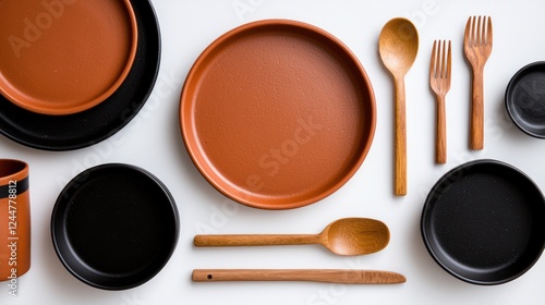 A collection of ceramic and wooden tableware arranged for dining.