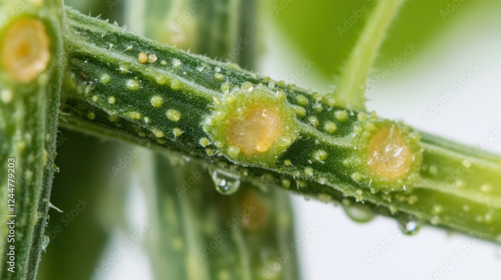 Macro View of Plant Stem: A detailed, macro shot reveals the intricate structure of a plant stem, with water droplets glistening on its surface. Macro View of Plant Stem: A detailed, macro shot reveals the intricate structure of a plant stem, with water droplets glistening on its surface.