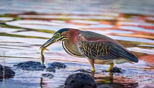 Vigilant Striated Heron on Tortuga Bay, Santa Cruz, Galapagos Islands Captured in Action Amidst the Stunning Coastal Landscape photo