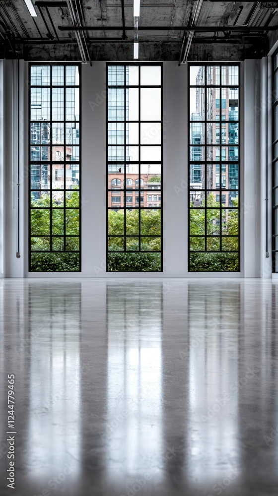 Fototapeta premium A spacious interior with large windows showcasing greenery and urban architecture.