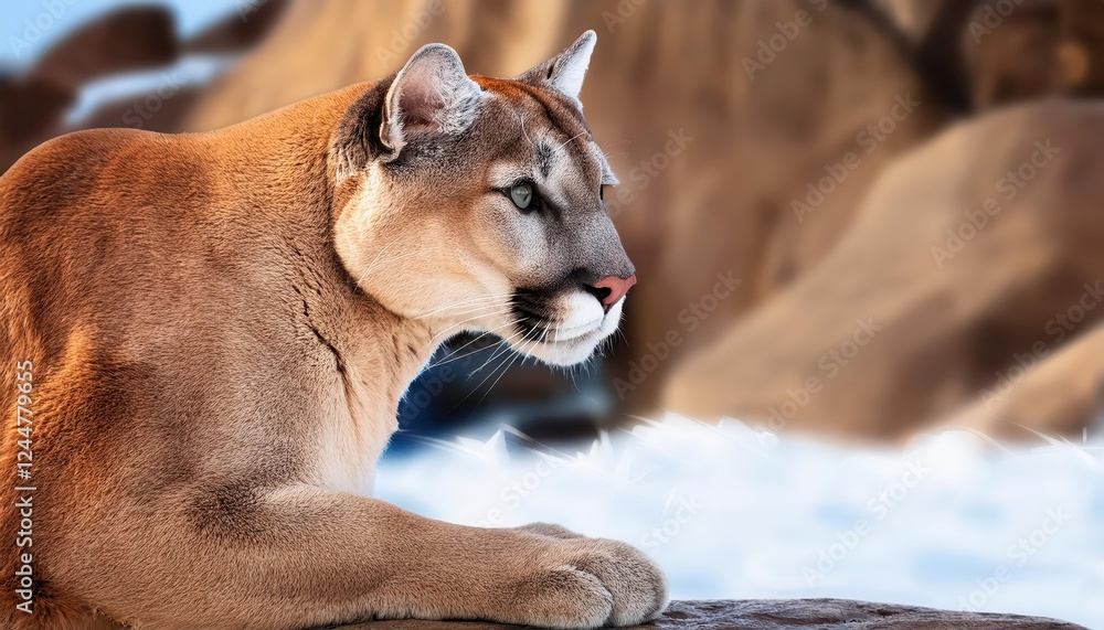 Naklejka premium Majestic Cougar Profile Amidst Wintery Rocky Landscape with Scenic Beas Backdrop, Capturing Power and Tranquility in a SnowCovered Wilderness