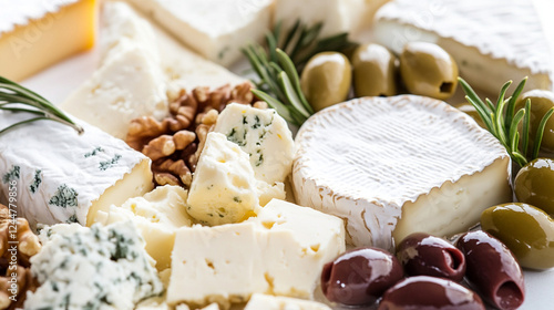 Gourmet cheese platter with assorted soft and hard cheeses, fresh green olives, walnuts, and herbs, arranged on a rustic wooden board
