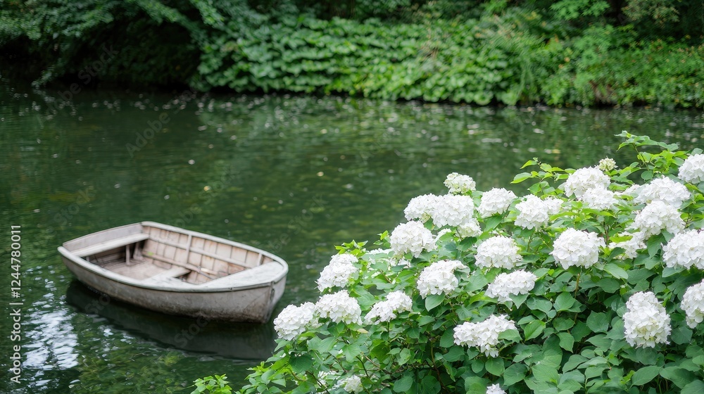 Rowboat on tranquil pond, lush greenery, hydrangeas. Peaceful garden scene, ideal for relaxation