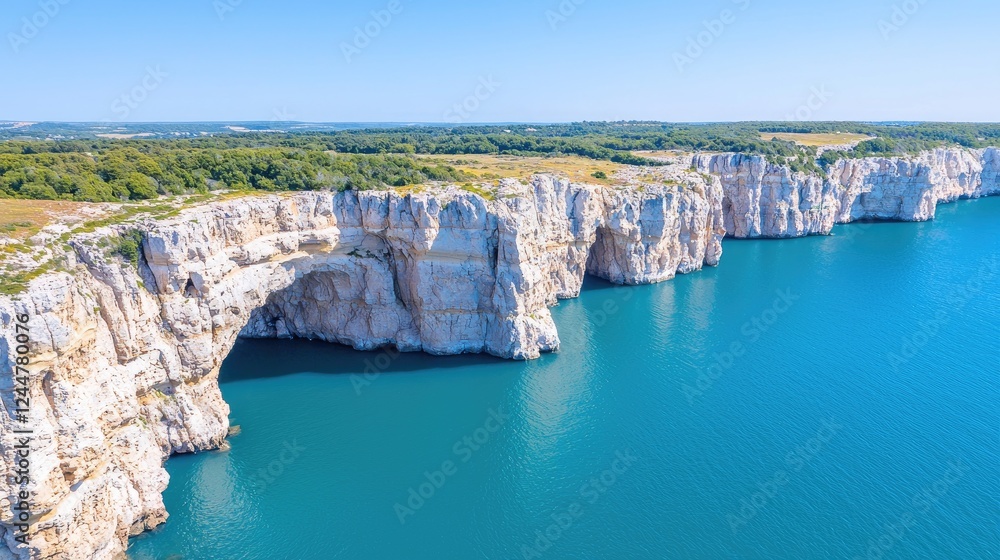 Obraz premium Coastal cliff arch, azure sea, summer landscape, travel