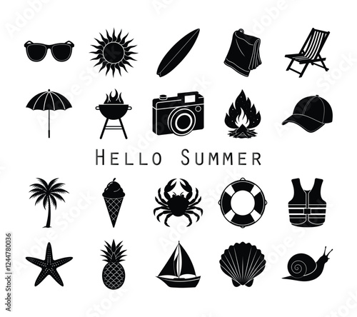 Set of summer holiday beach elements silhouette. Hello summer lettering vector illustration on white background